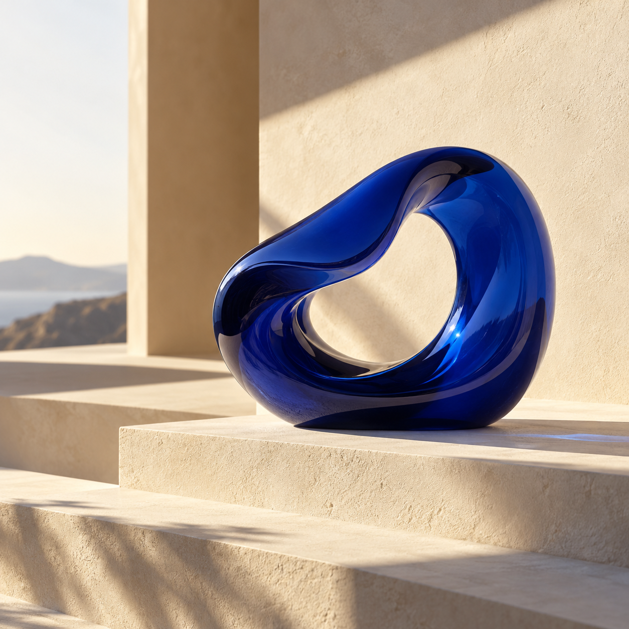 Abstract blue sculptural campaign concept on sunlit cream steps